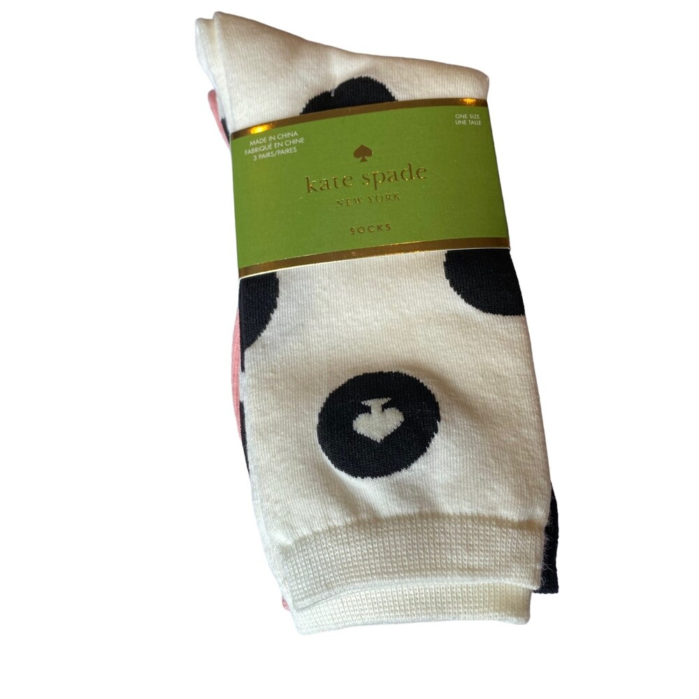 Kate Spade Polka Dot Stripes Pink White Black Crew Socks 3 Pairs New - Picture 2 of 6